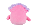 Pink plush toy with purple fur, back view.