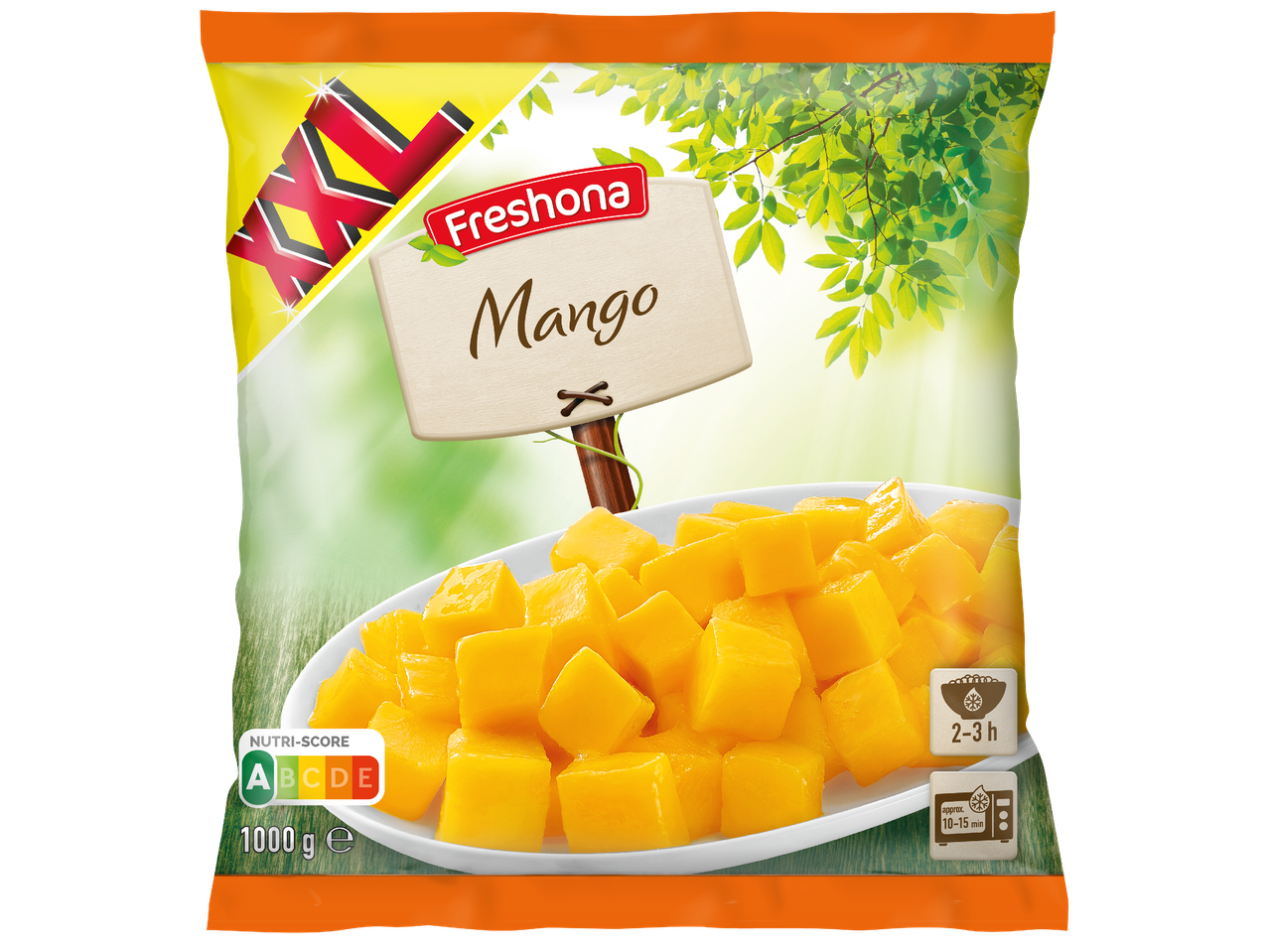 Опаковка замразено манго на кубчета с надпис „XXL“ и „Freshona Mango“.