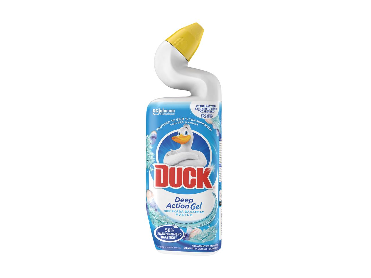 Μπουκάλι καθαριστικού λεκάνης Duck Deep Action Gel με άρωμα θάλασσας.