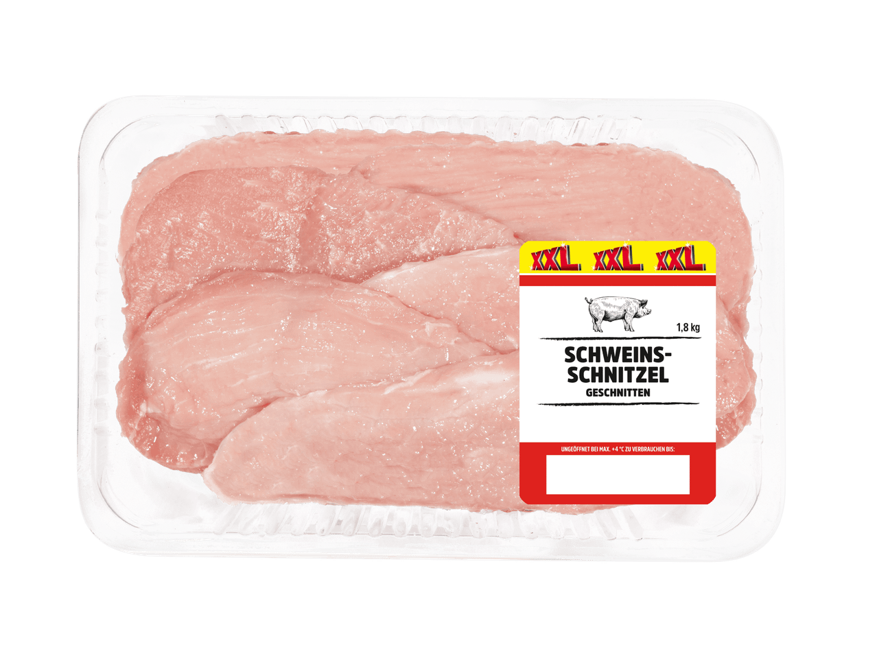 1,8 kg geschnittene XXL Schweinschnitzel in Plastikverpackung.
