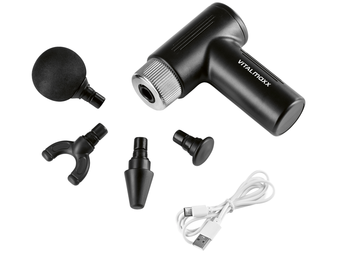 VitalMaxx massaažipüstol erinevate otsikute ja laadimiskaabliga.