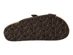 Bottom view of a dark brown sandal with a textured sole.