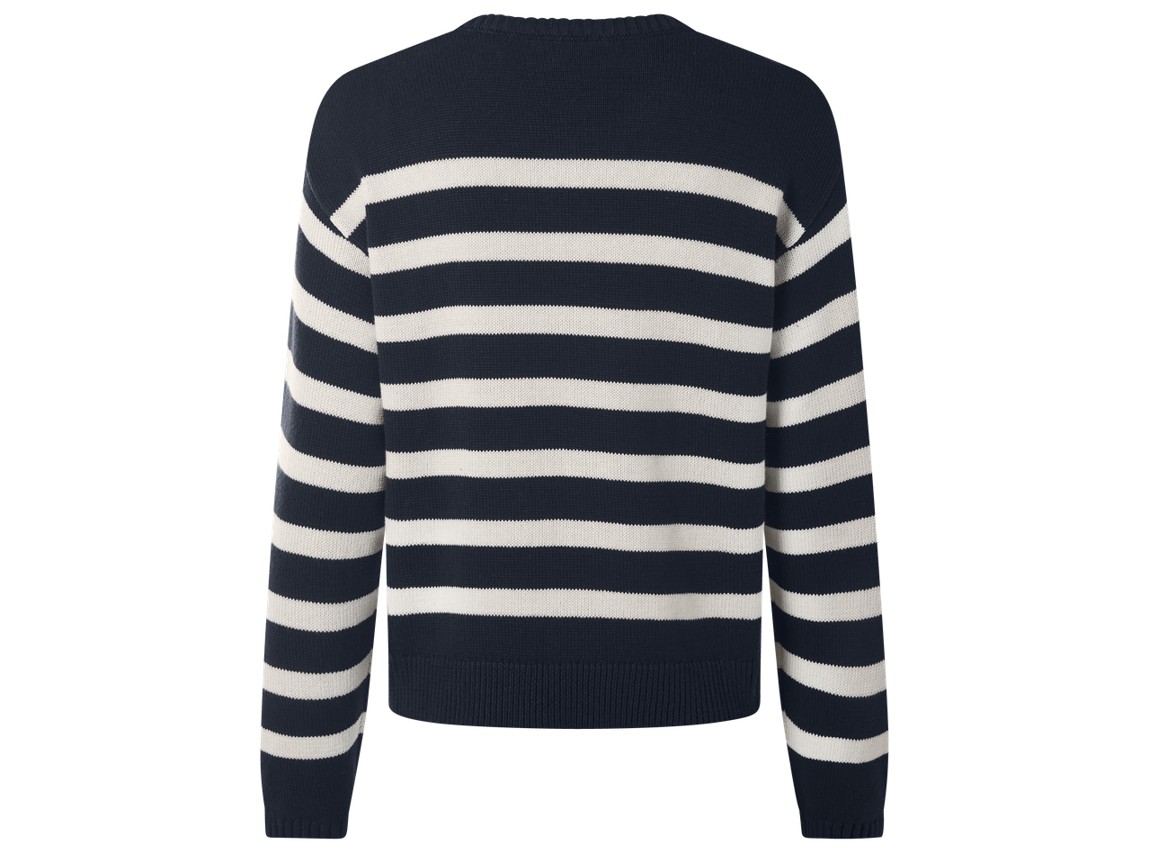 Тъмносин пуловер на бели райета, изглед отзад.