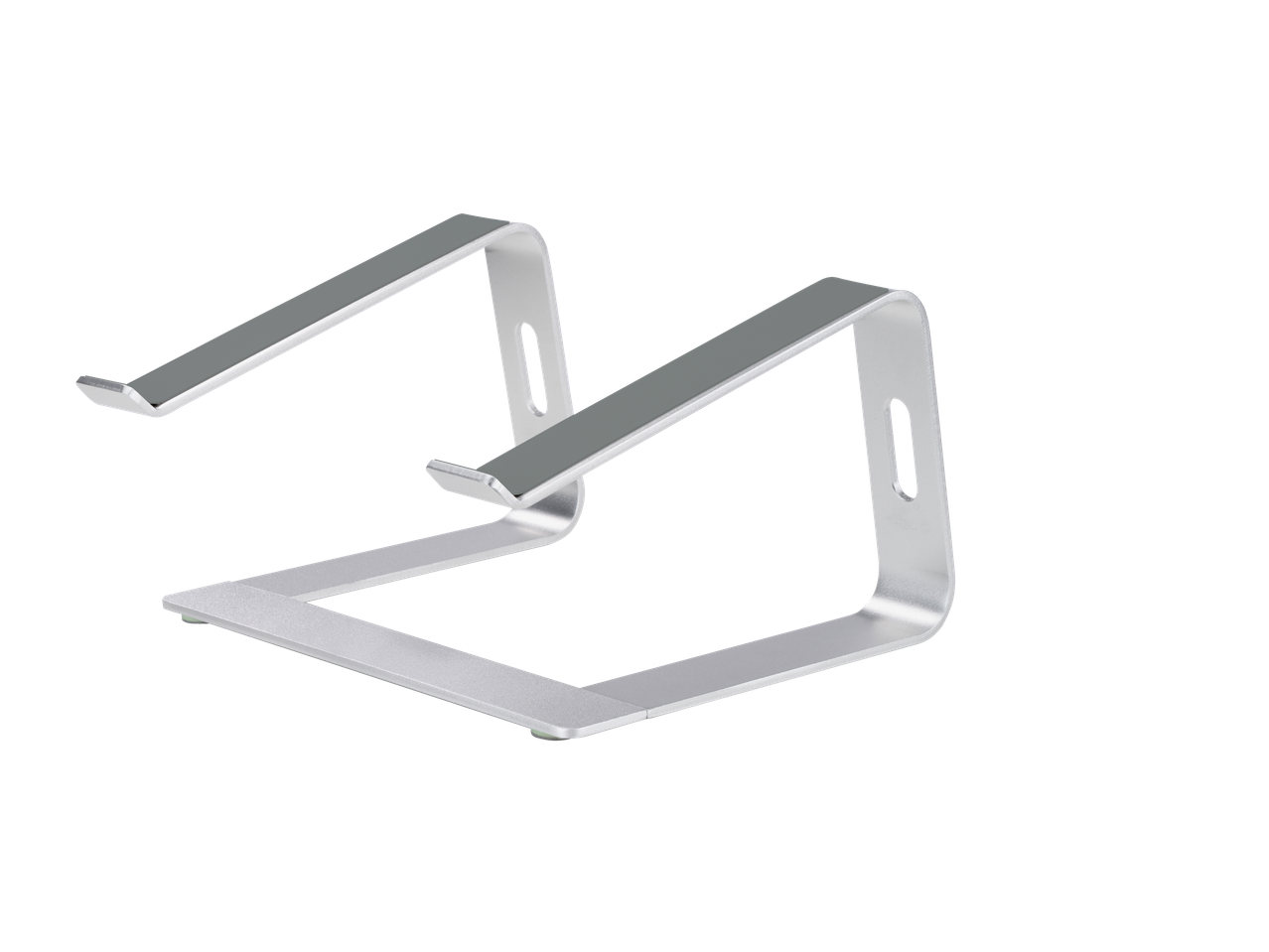 Sidabrinis aliuminio nešiojamojo kompiuterio stovas juodame fone