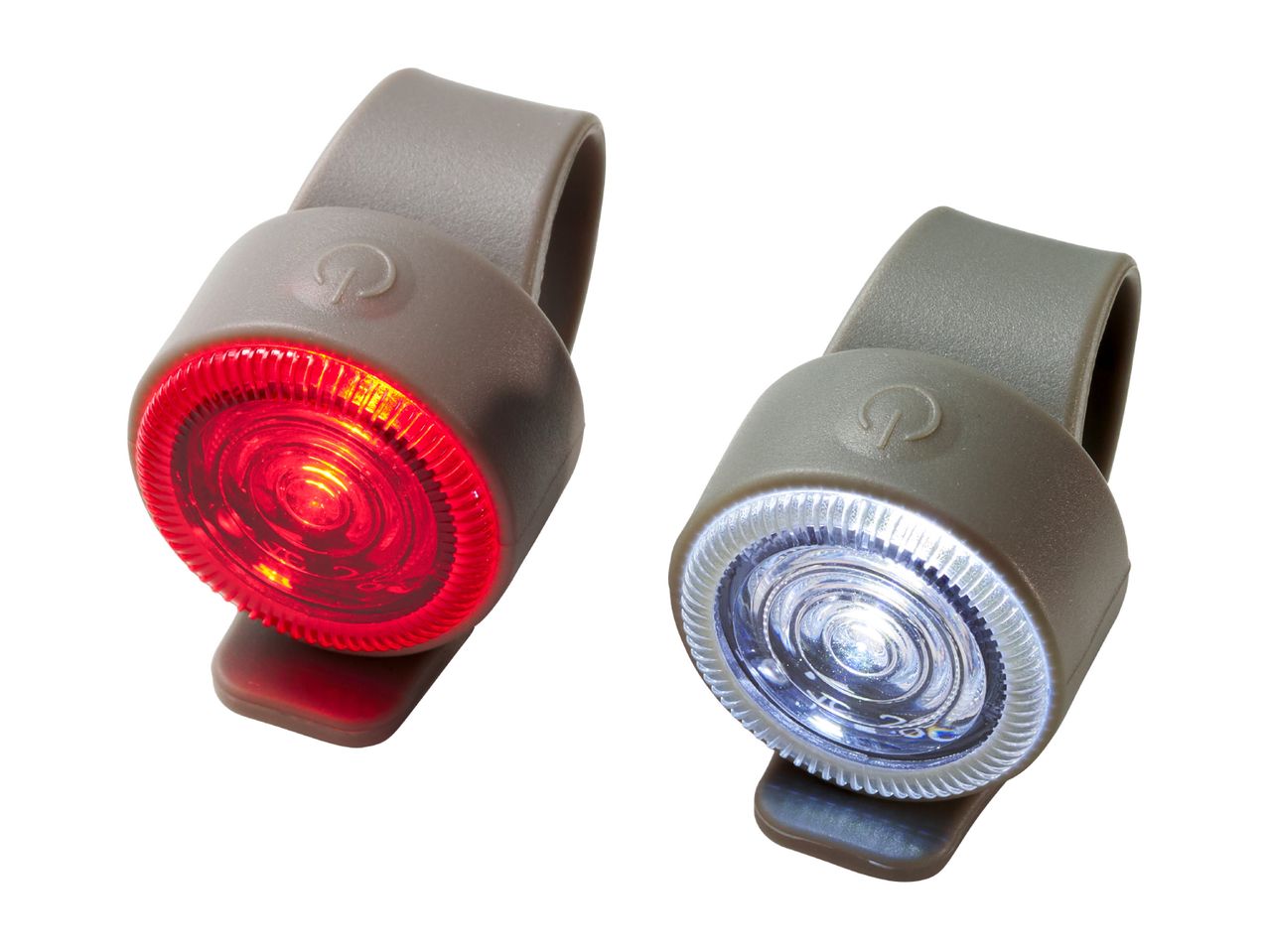 Two clip-on LED safety lights, one red and one white, for visibility.