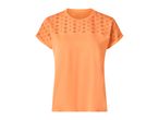 Orange short-sleeved t-shirt with embroidered details on the shoulders and sleeves.