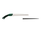 A green and black pruning saw with a silver blade and a black protective sheath.