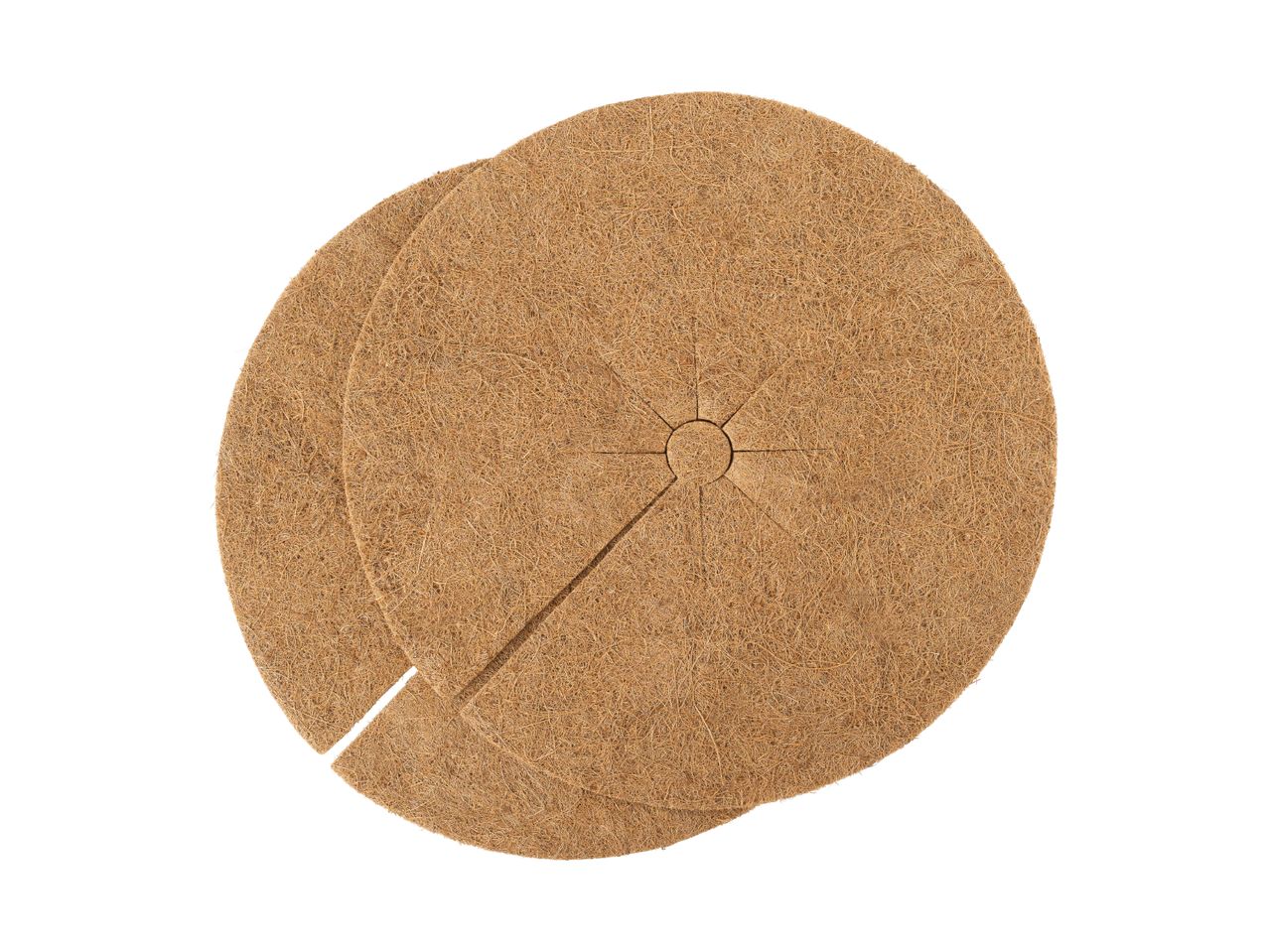 Two round coconut fibre mulch mats for plants, isolated on a white background