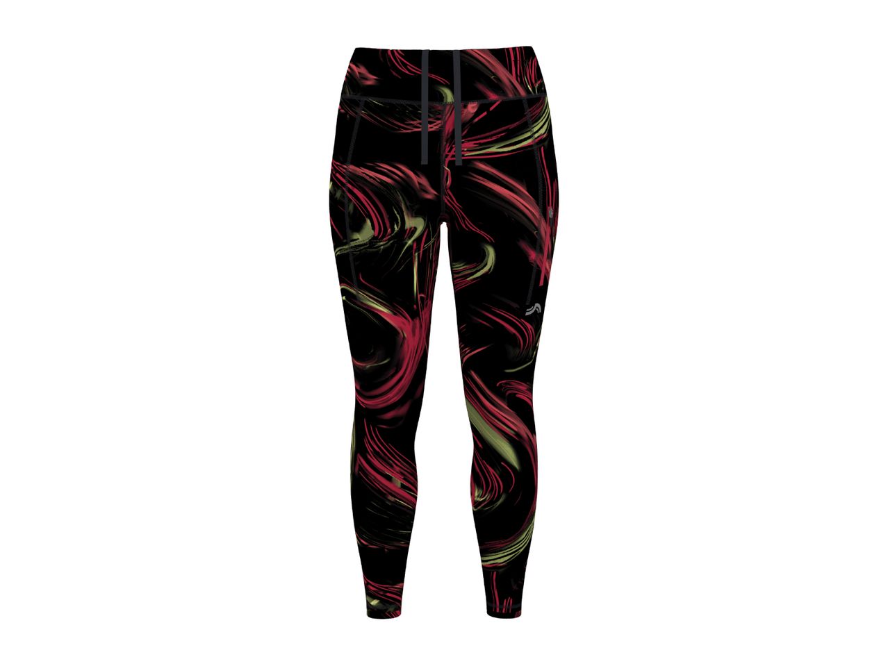 Black leggings with a vibrant red and yellow abstract swirl pattern.
