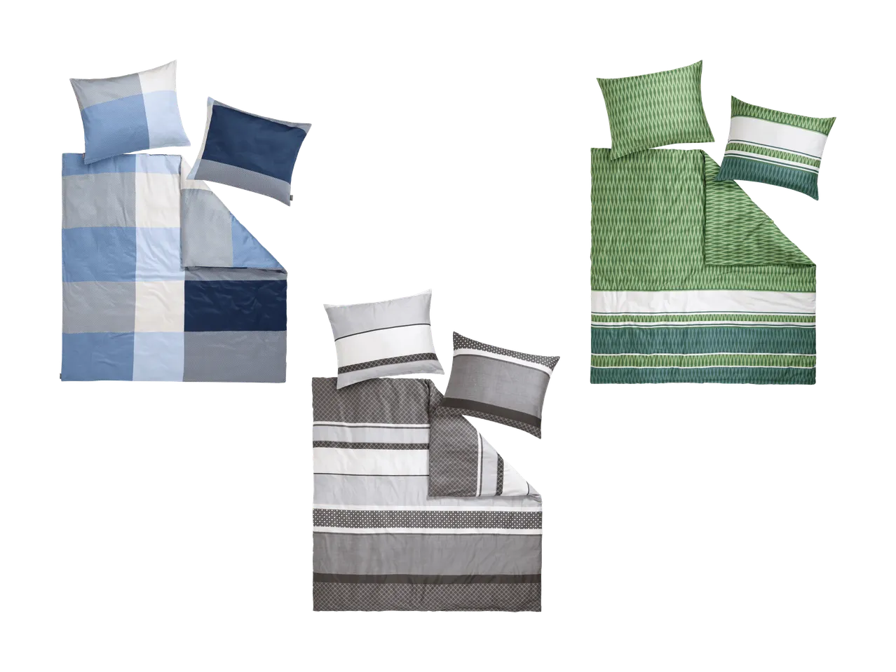 Trois parures de lit à carreaux et rayures en bleu, gris et vert.