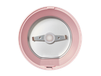 Vista superior de um liquidificador rosa com lâmina de aço inoxidável e indicador MAX.