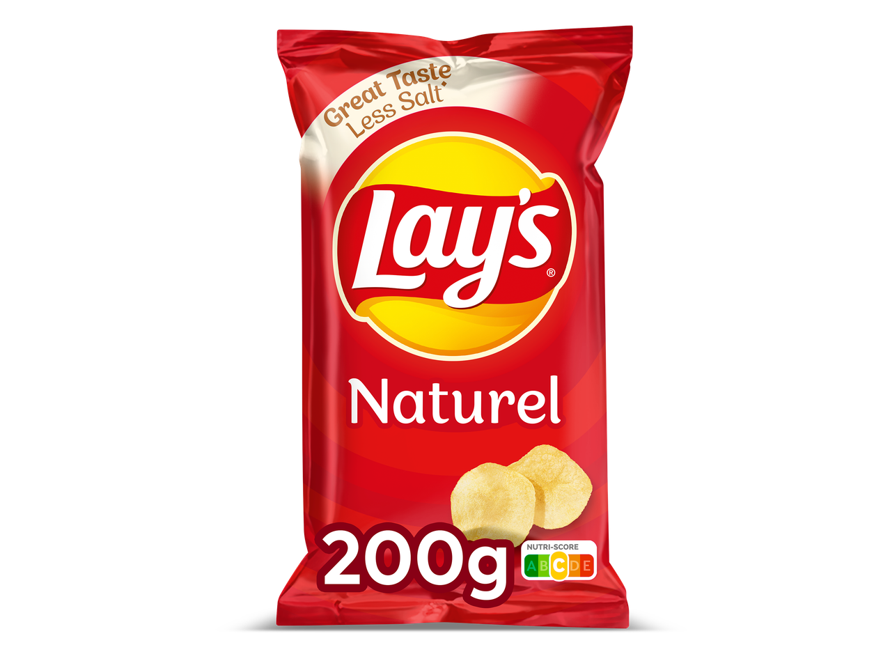 Rode zak chips met de tekst 'Great Taste Less Salt' en 'Naturel', 200g, Nutri-Score C.