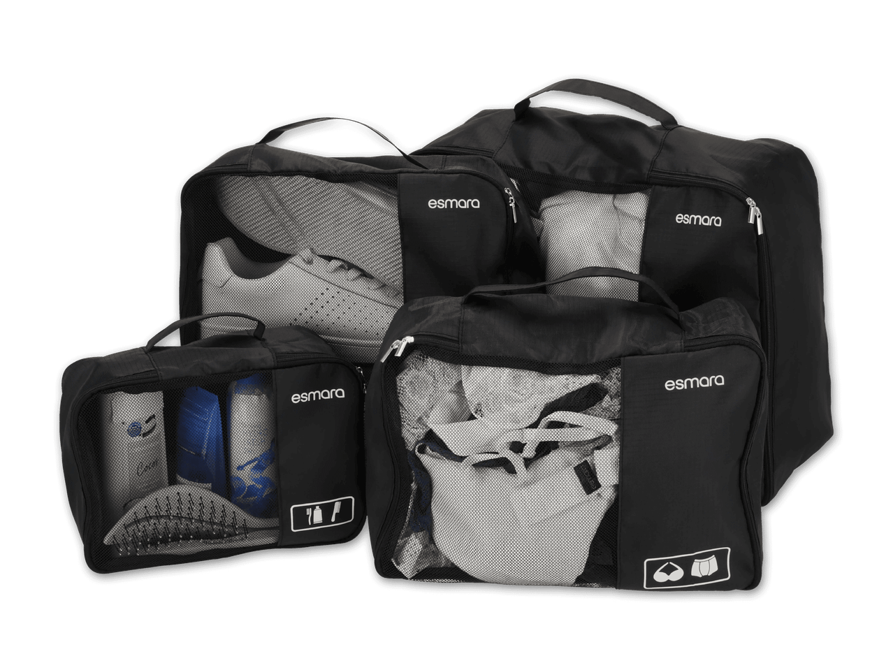 Vier schwarze Packwürfel mit Reißverschluss und Netzfenstern, gefüllt mit Schuhen, Kleidung und Toilettenartikeln.