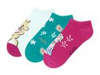 Three pairs of women's ankle socks featuring whimsical floral and character designs.