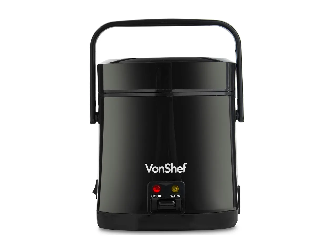 A black VonShef rice cooker with a handle and indicator lights.