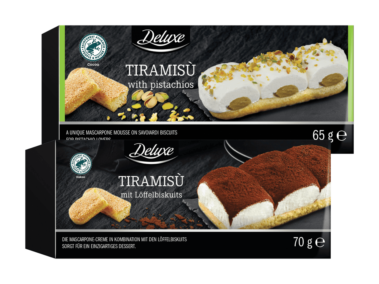 Zwei Packungen Deluxe Tiramisu: eine mit Pistazien (65g) und eine mit Löffelbiskuits (70g).