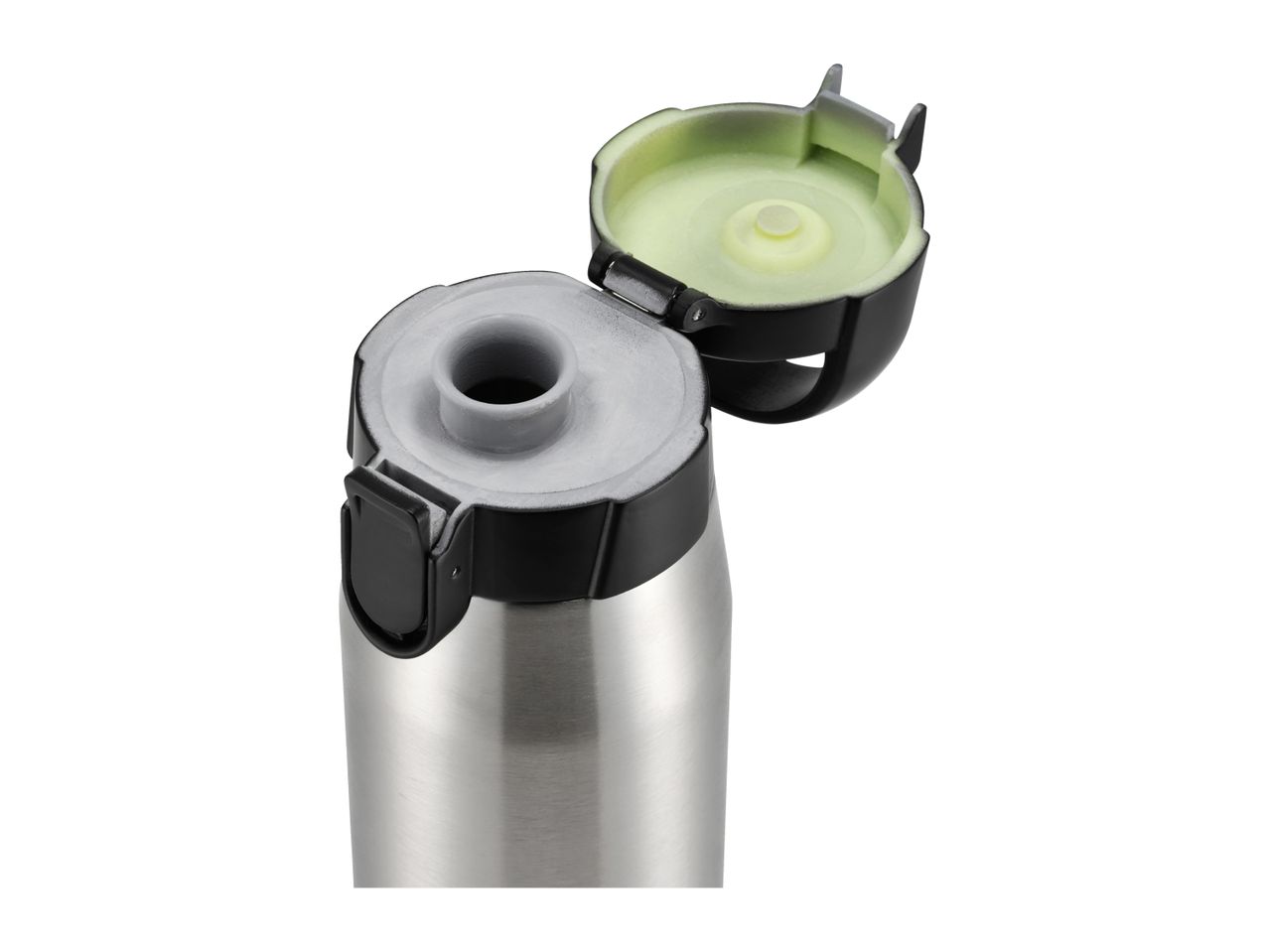 Close-up of an open stainless steel vacuum flask with a black lid