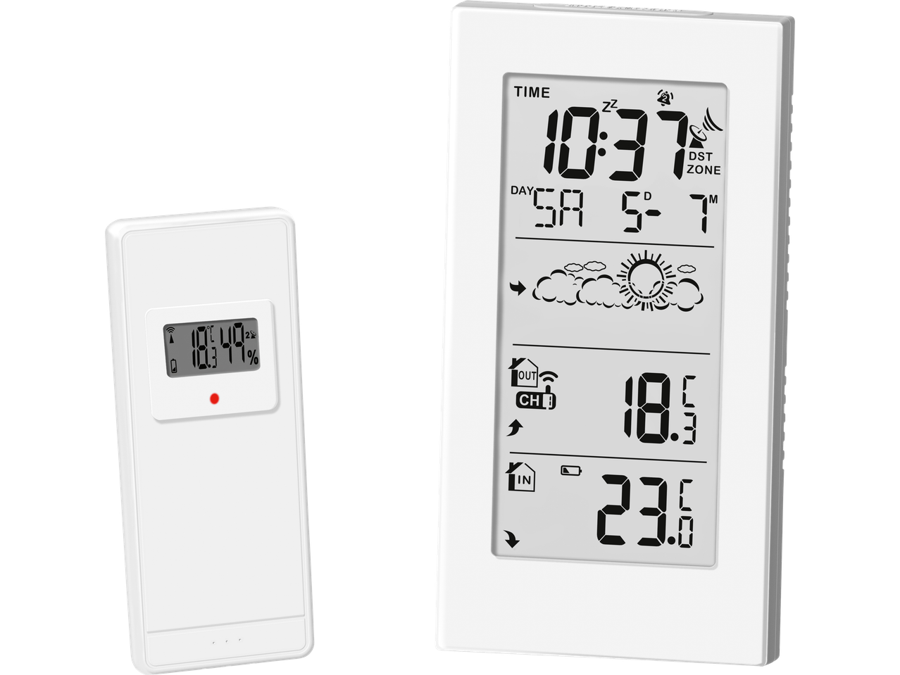 Brezžična vremenska postaja z LCD zaslonom, ki prikazuje čas, notranjo in zunanjo temperaturo, vlažnost in vremensko napoved.
