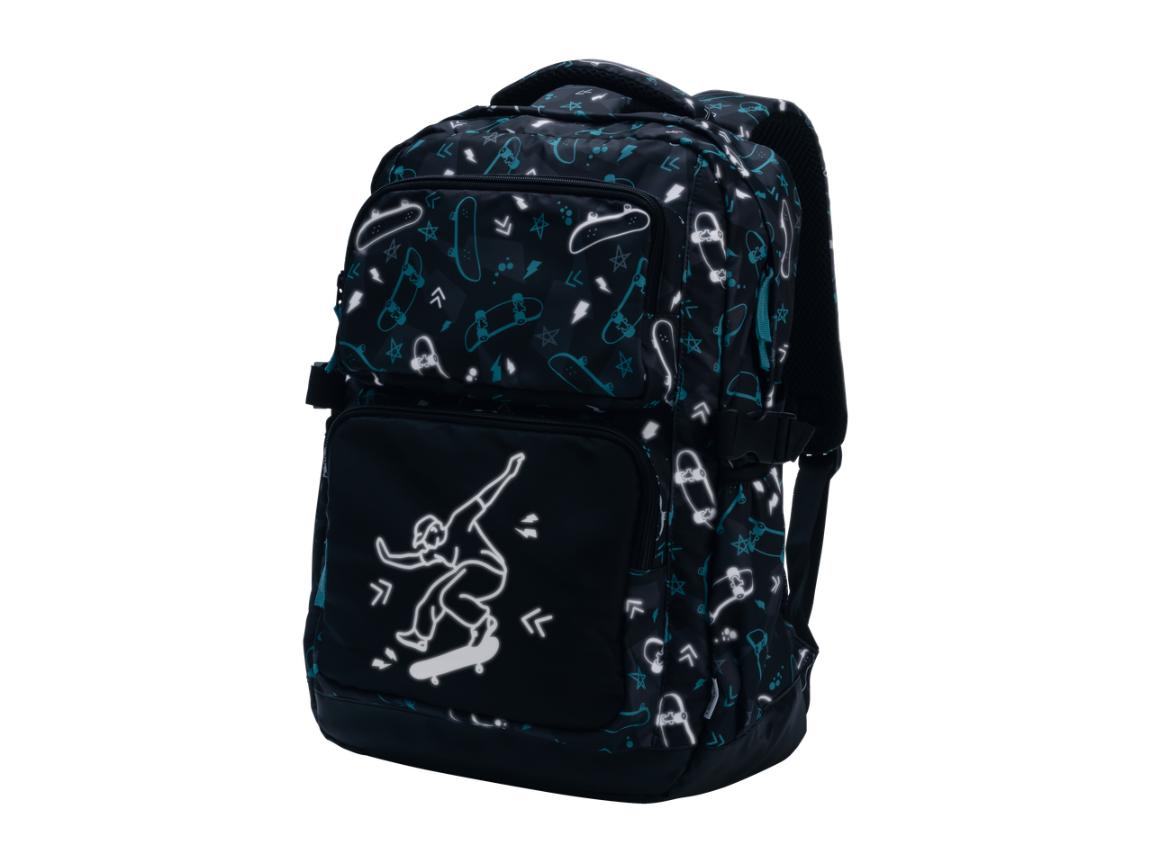 Mochila CRELANDO com estampa refletora de skate e skatista.