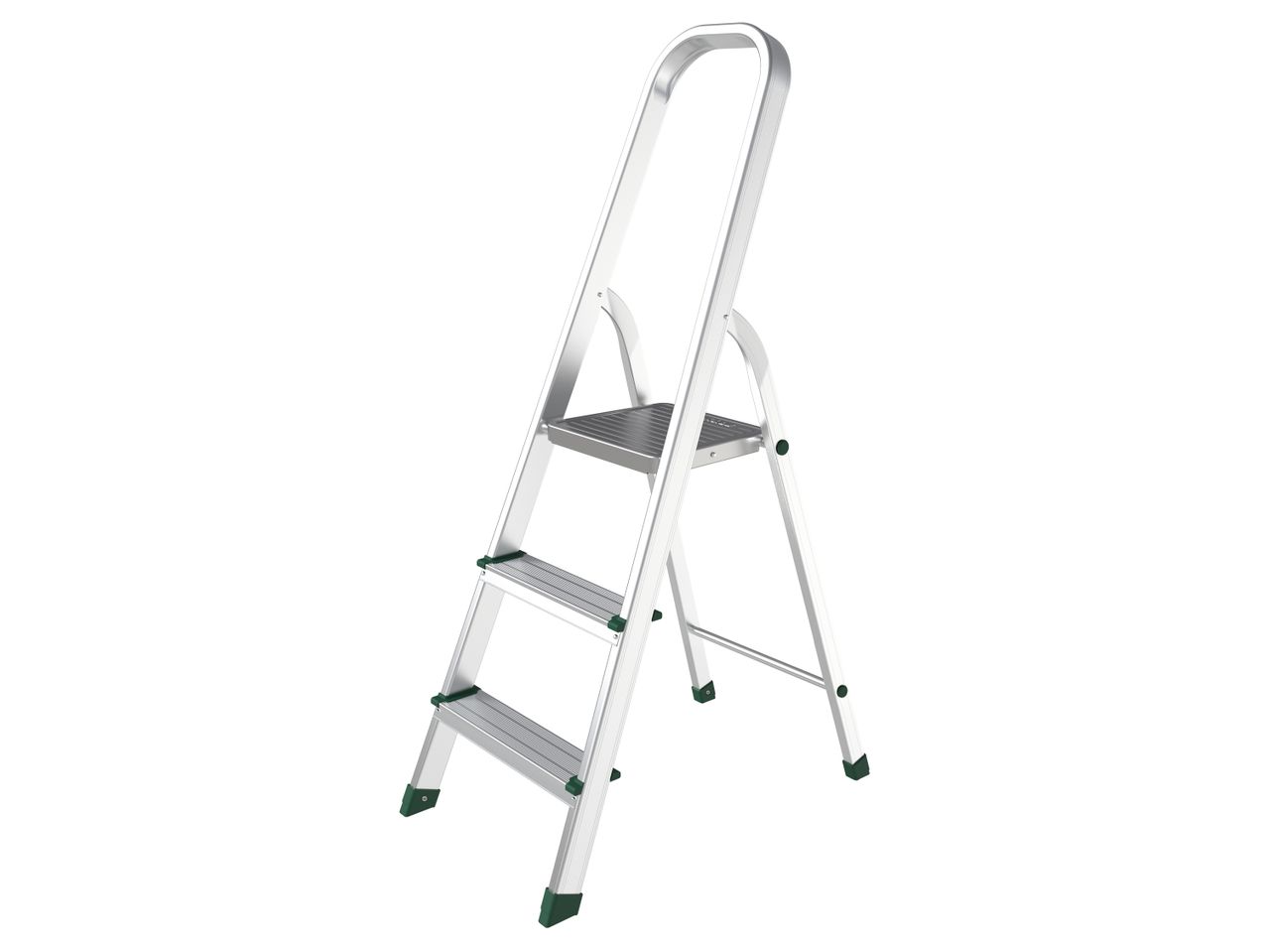 A three-step aluminum stepladder with green accents is shown against a white background.