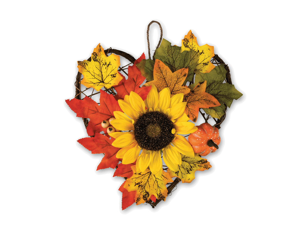 Herbstlicher Herz-Kranz mit Sonnenblume, Blättern und Kürbis