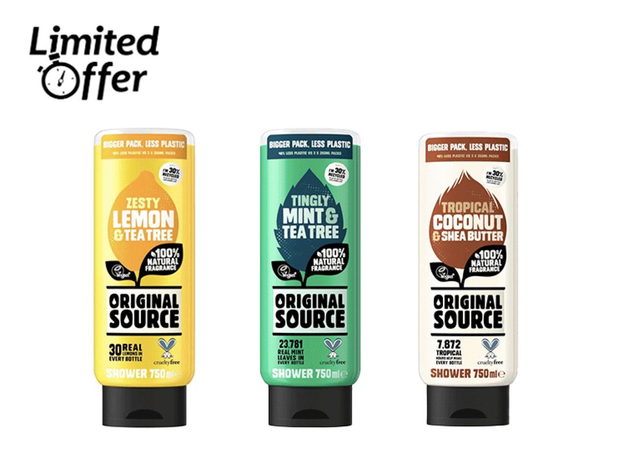 Three Original Source shower gel bottles (Lemon & Tea Tree, Mint & Tea Tree, Coconut & Shea Butter) with a 'Limited Offer' label.
