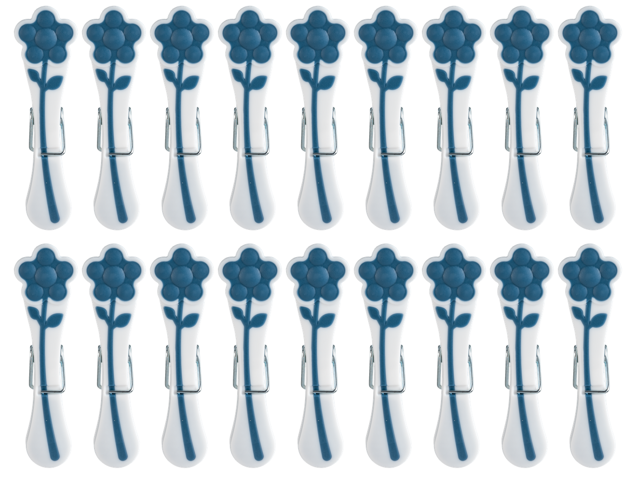 Rows of white and blue flower-patterned clothes pegs on a black background.