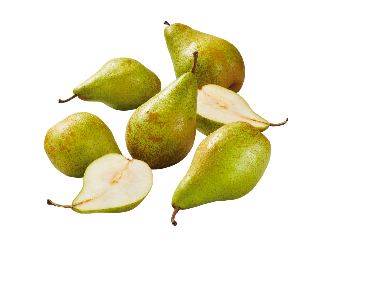 Fresh green pears, some whole and some halved, with water droplets on a black background.