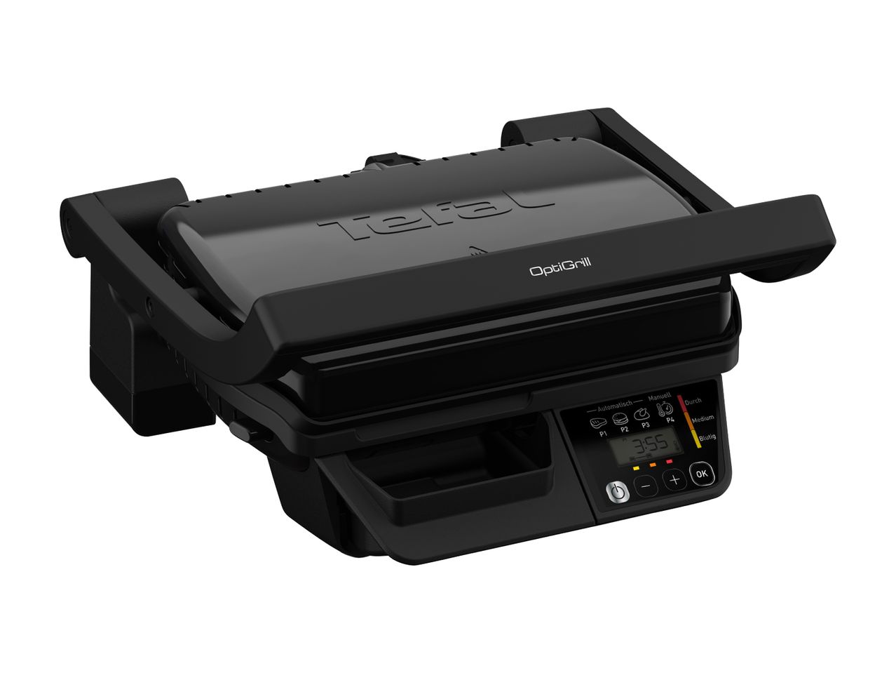 Tefal OptiGrill, en sort elektrisk grill med et digitalt display og kontrolknapper.