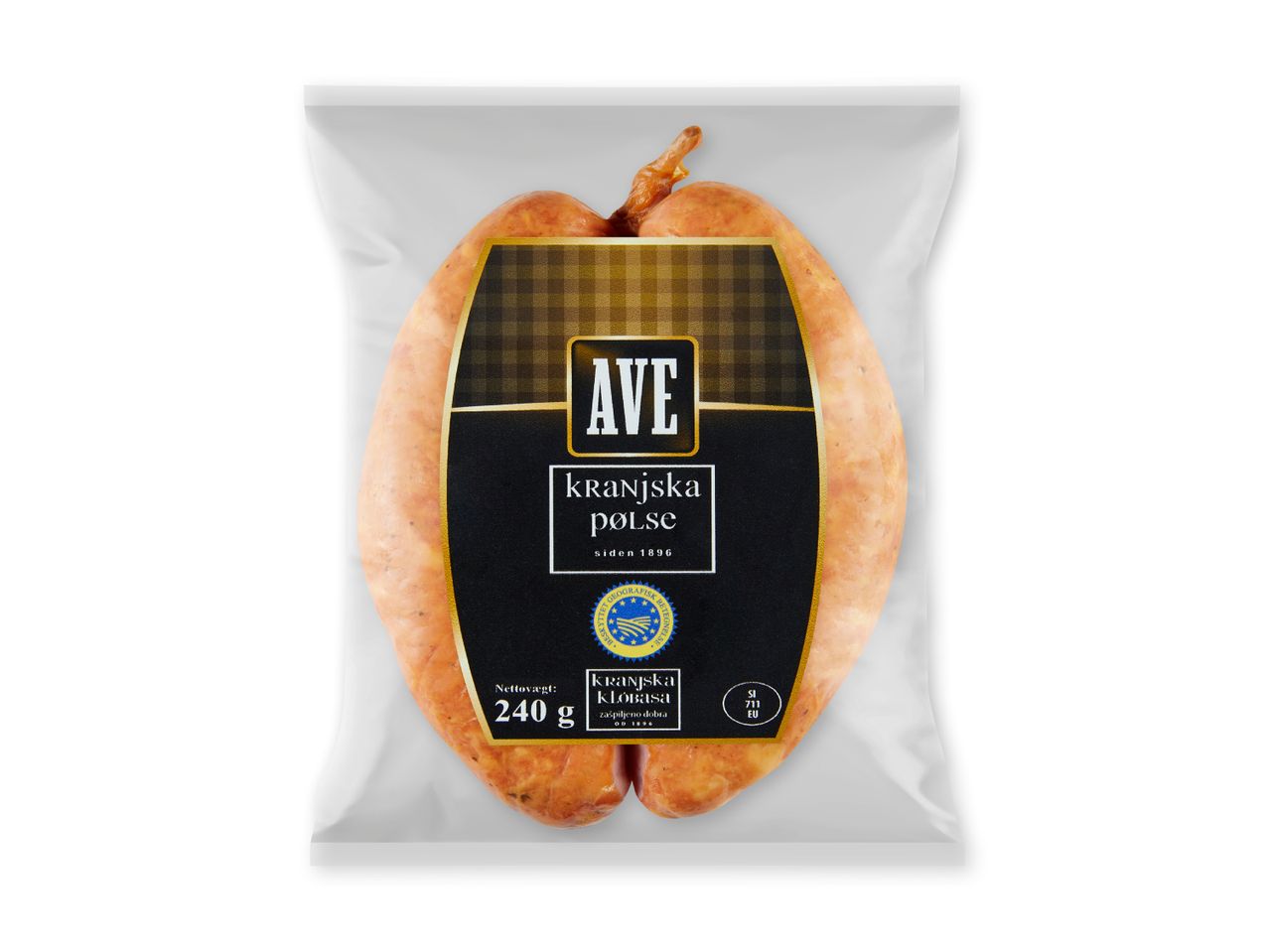 Pakket kranjska pølse med et sort og guld etiket, der angiver vægt og oprindelse.