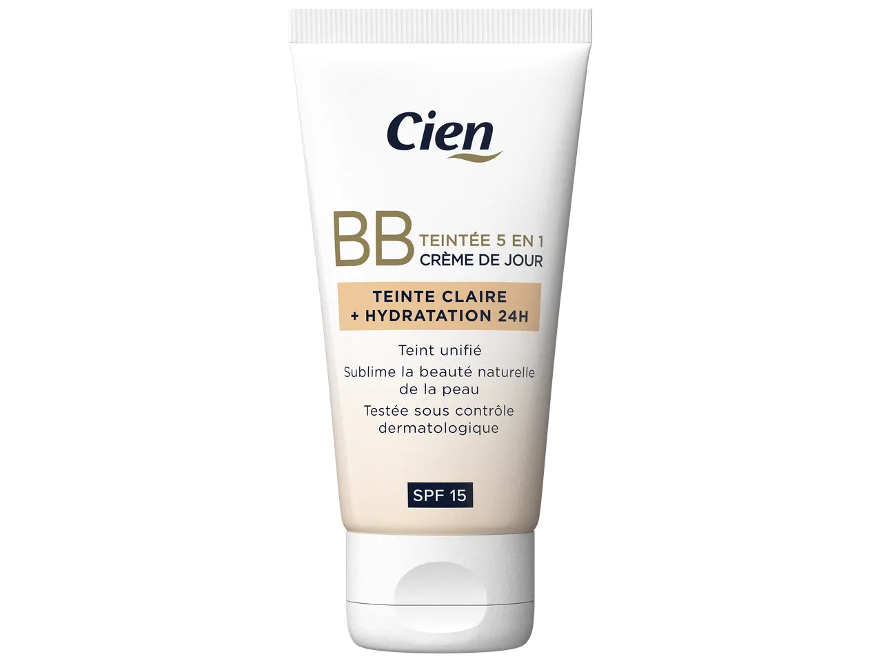 Crème de jour BB teintée 5 en 1, teinte claire, hydratation 24h, SPF 15.