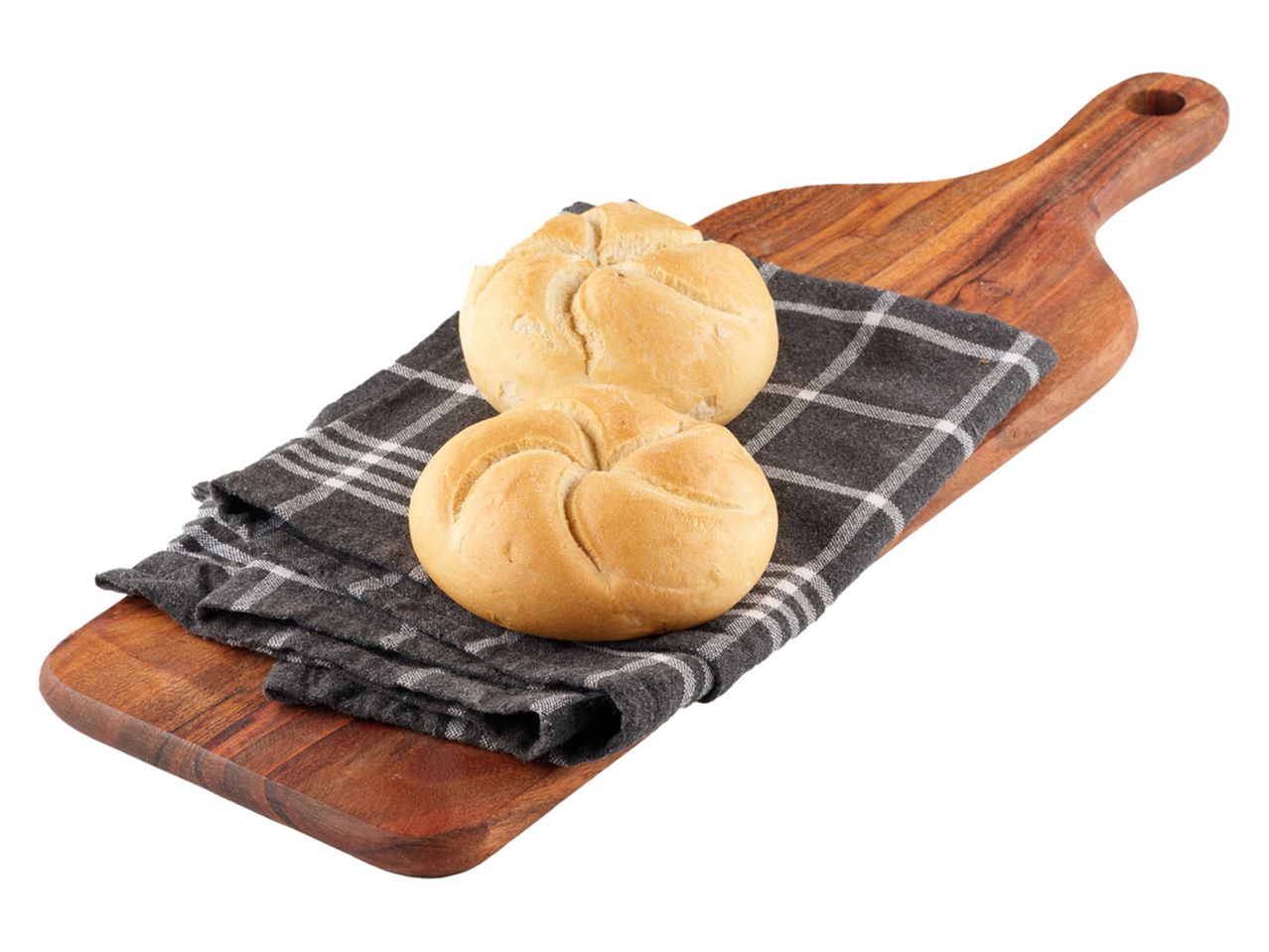 Två Kaiserbullar på en träbräda med en servett.