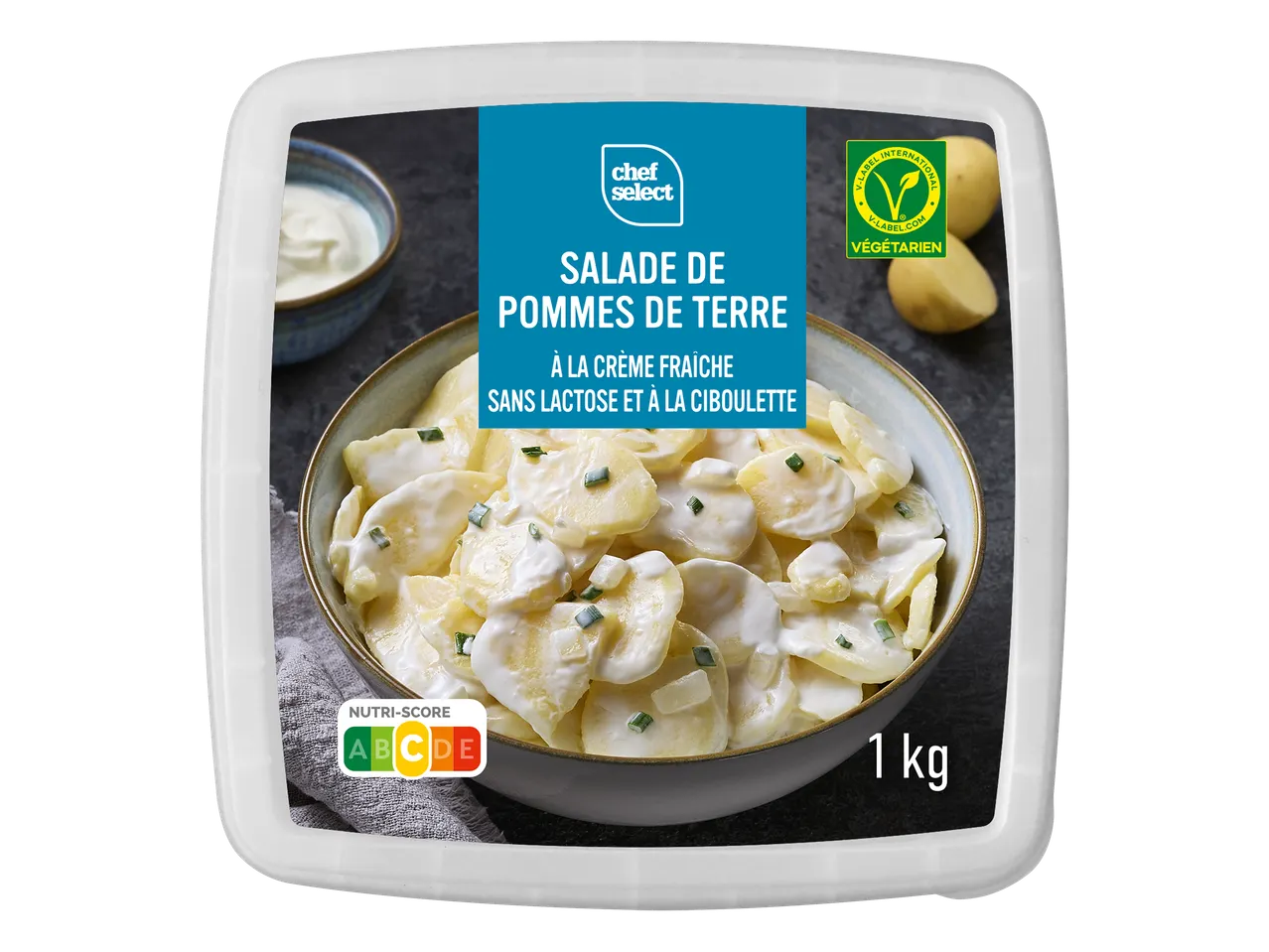 Salade de pommes de terre à la crème fraîche sans lactose et à la ciboulette, 1 kg, végétarien.