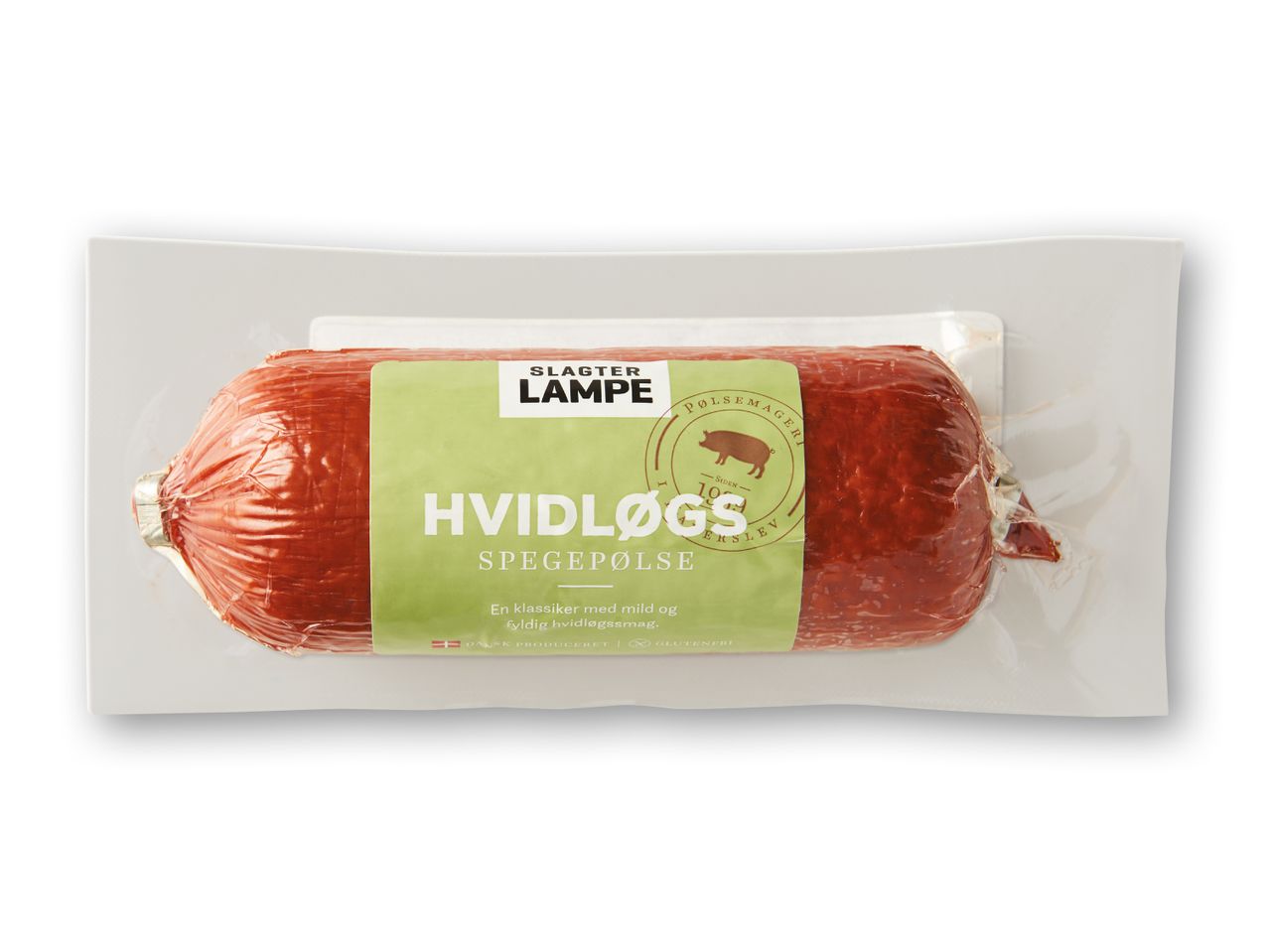 Pakket hvidløgsspegepølse fra Slagter Lampe.