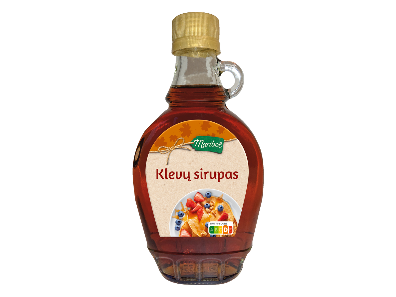 Maribel klevo sirupas stikliniame butelyje.