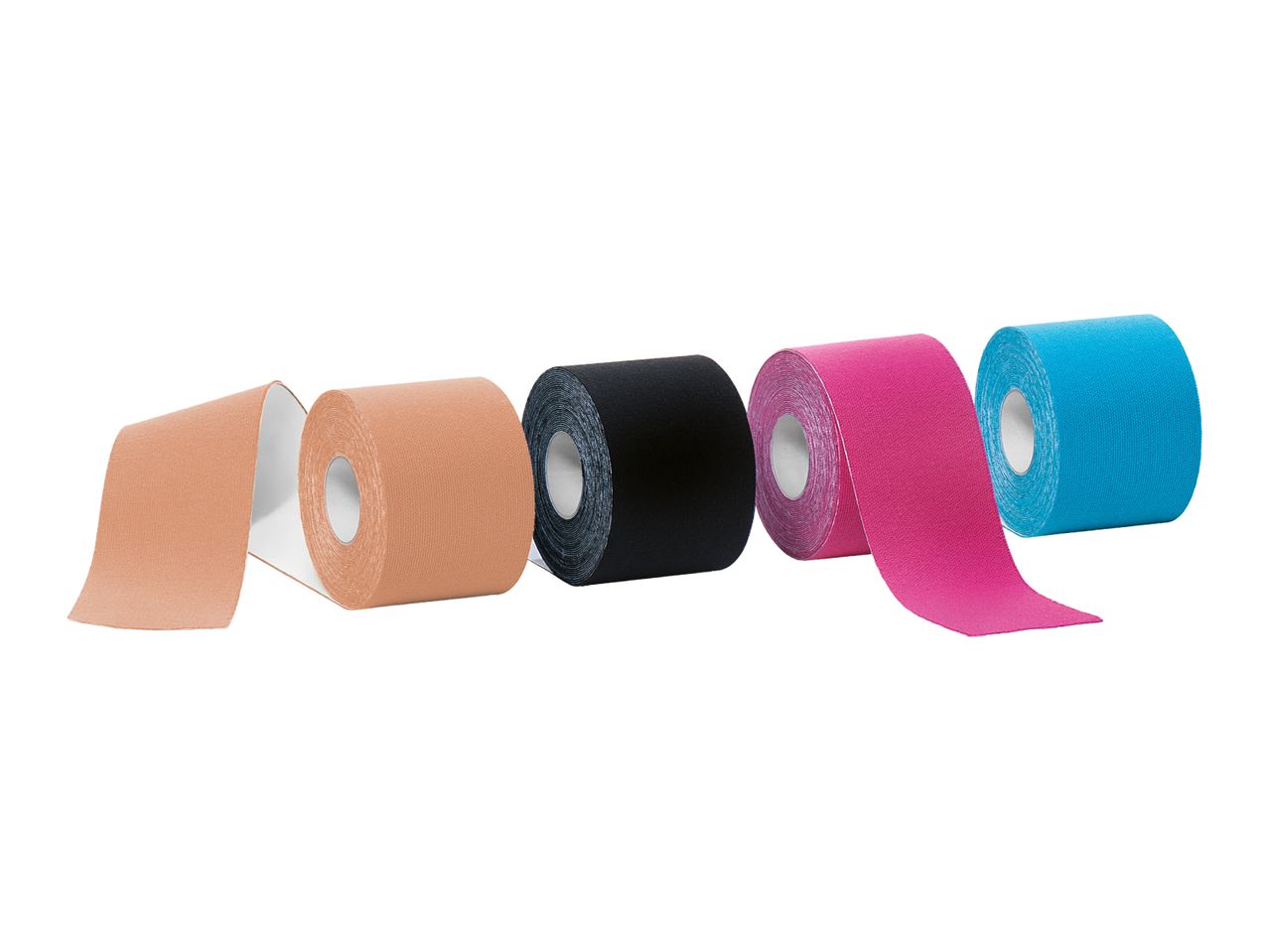 Four rolls of kinesiology tape in beige, black, pink, and blue colors.