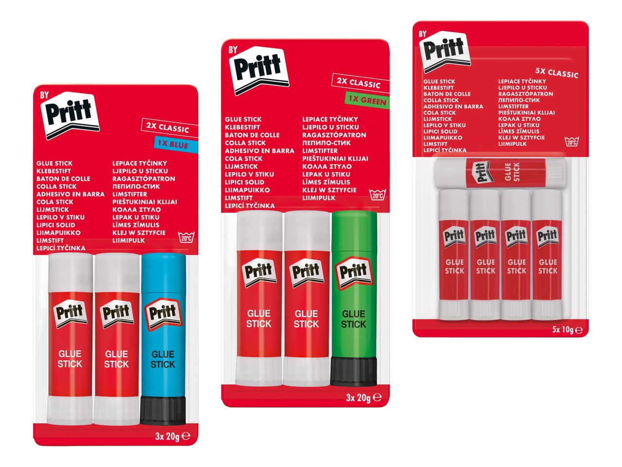 Trije paketi lepila Pritt v palicah, različnih barv in velikostih.