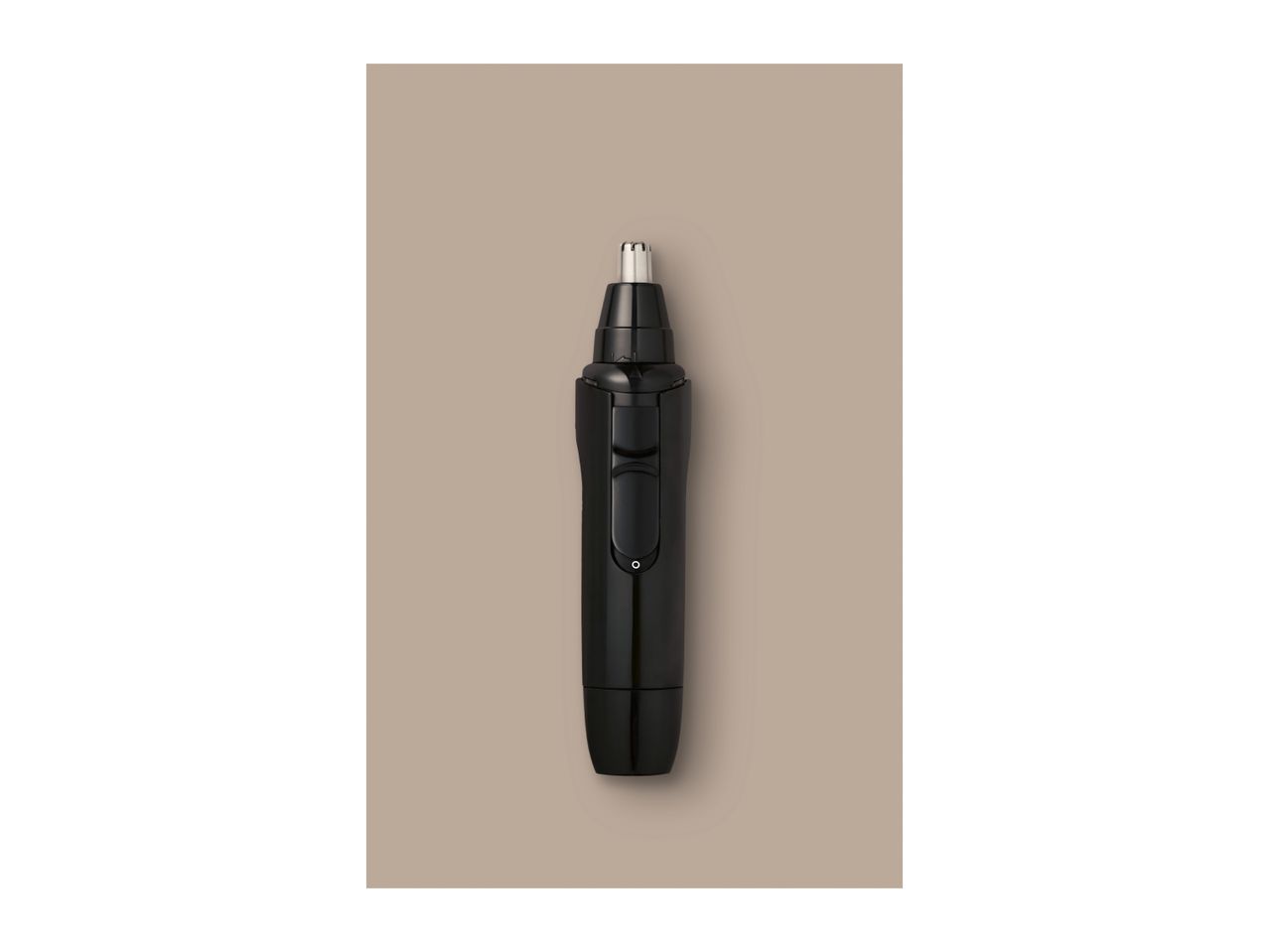 Black nose and ear hair trimmer with a silver tip and a power button, centered on a beige background.