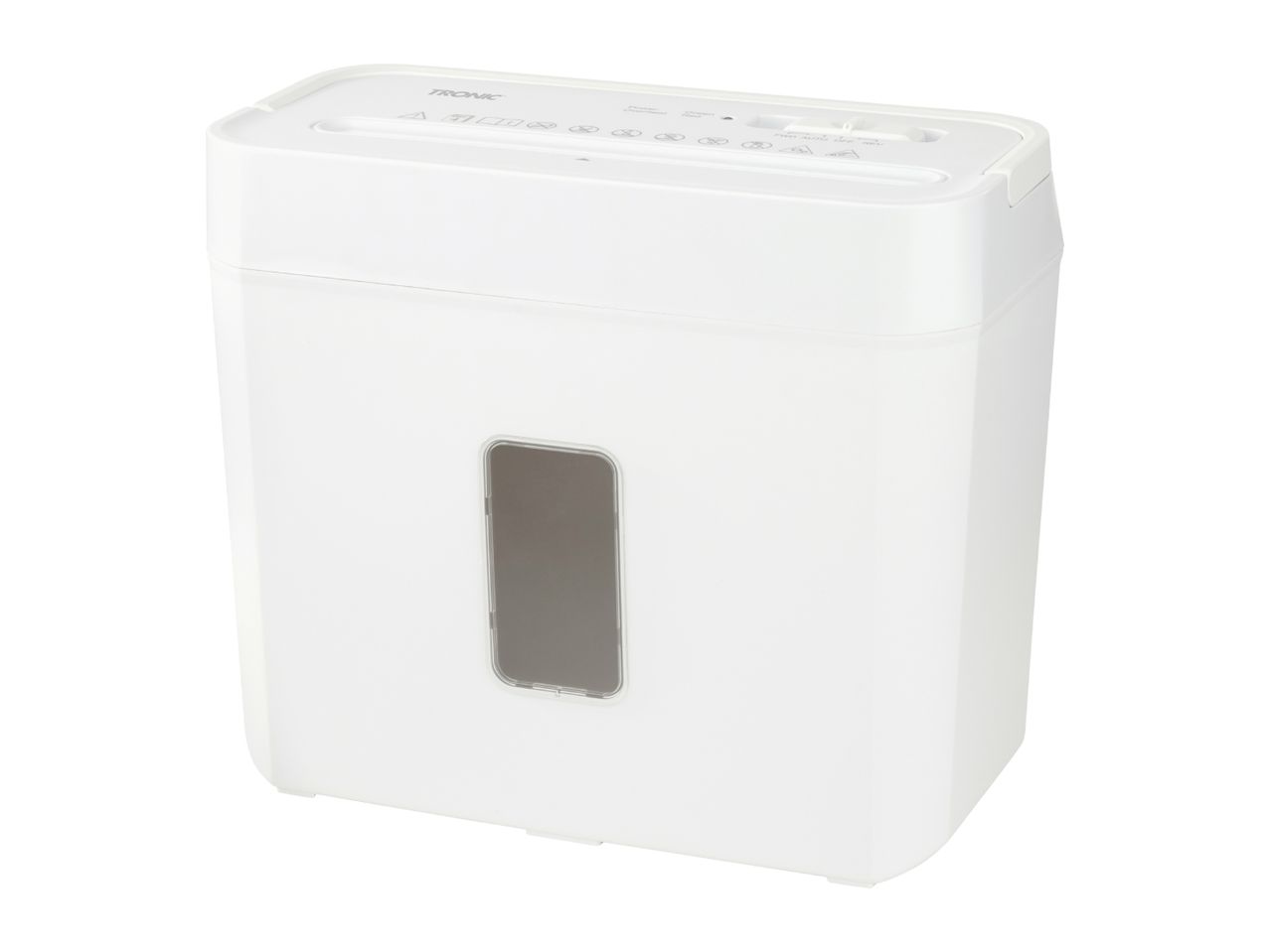 White paper shredder with a transparent window and control panel on top