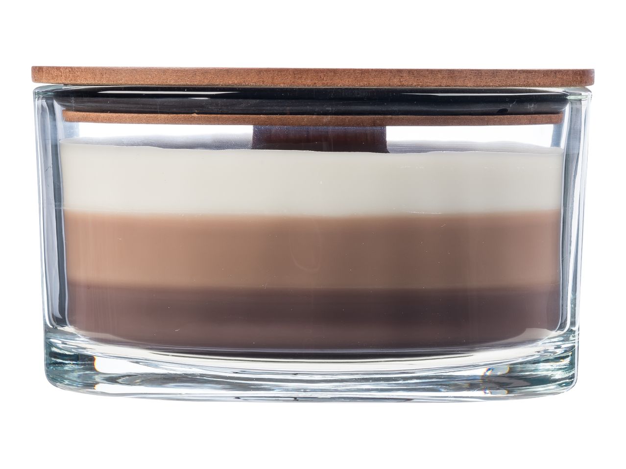 A three-layered candle in a glass jar with a wooden lid.