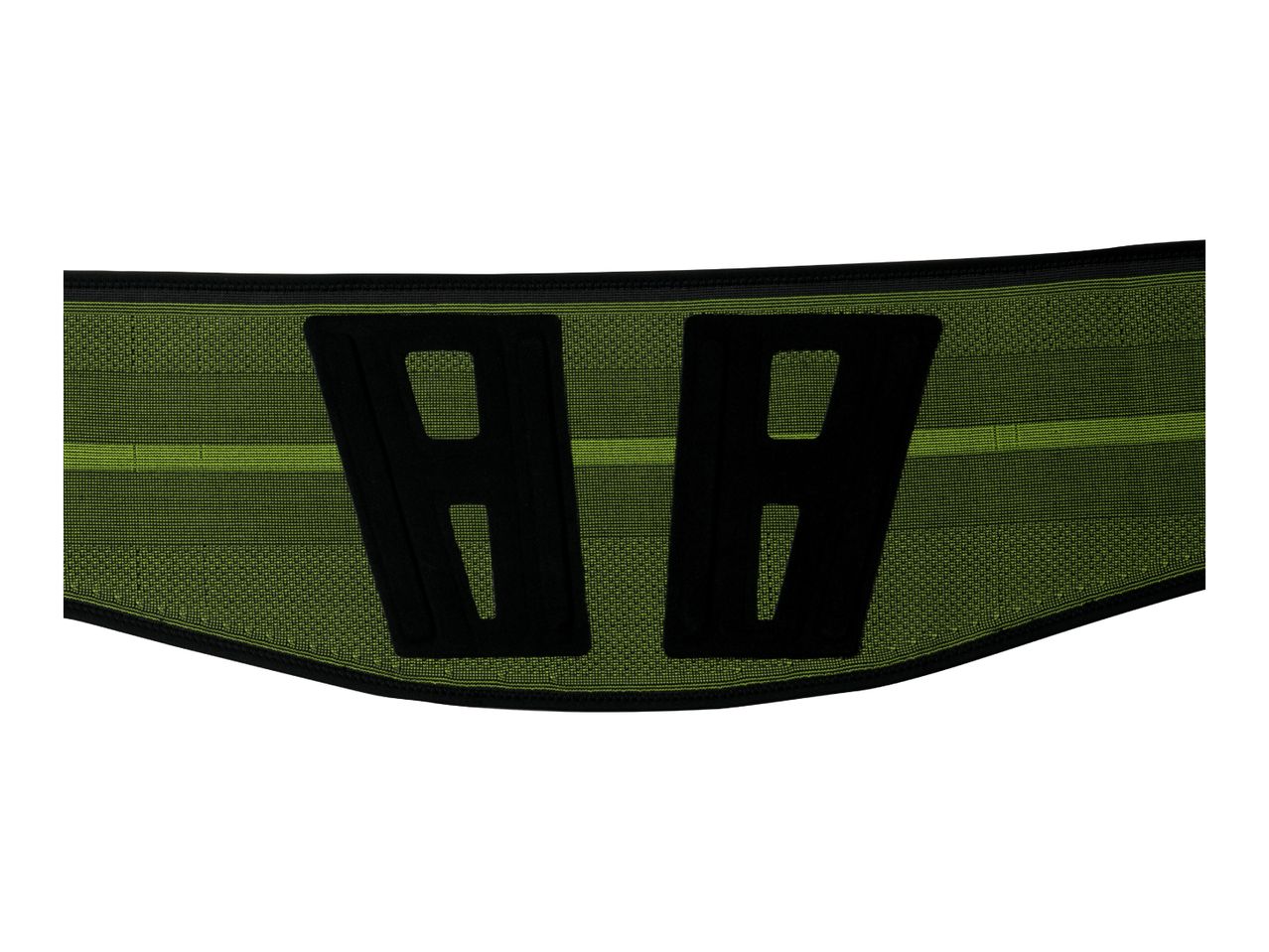 Black and lime green back support belt with two large cutouts.