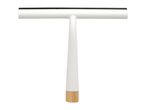 White shower squeegee with a black rubber blade and a wooden handle base.
