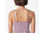 Woman from behind wearing a light purple, thin cami top.
