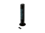 Black tower fan with remote control.