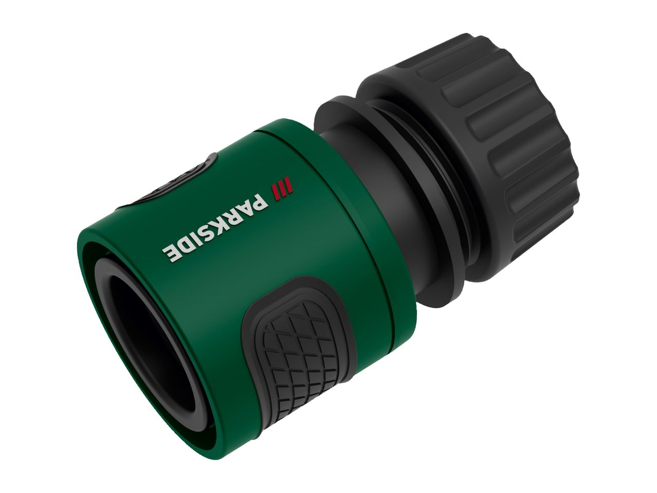 Green and black garden hose connector with textured grip and ribbed end.