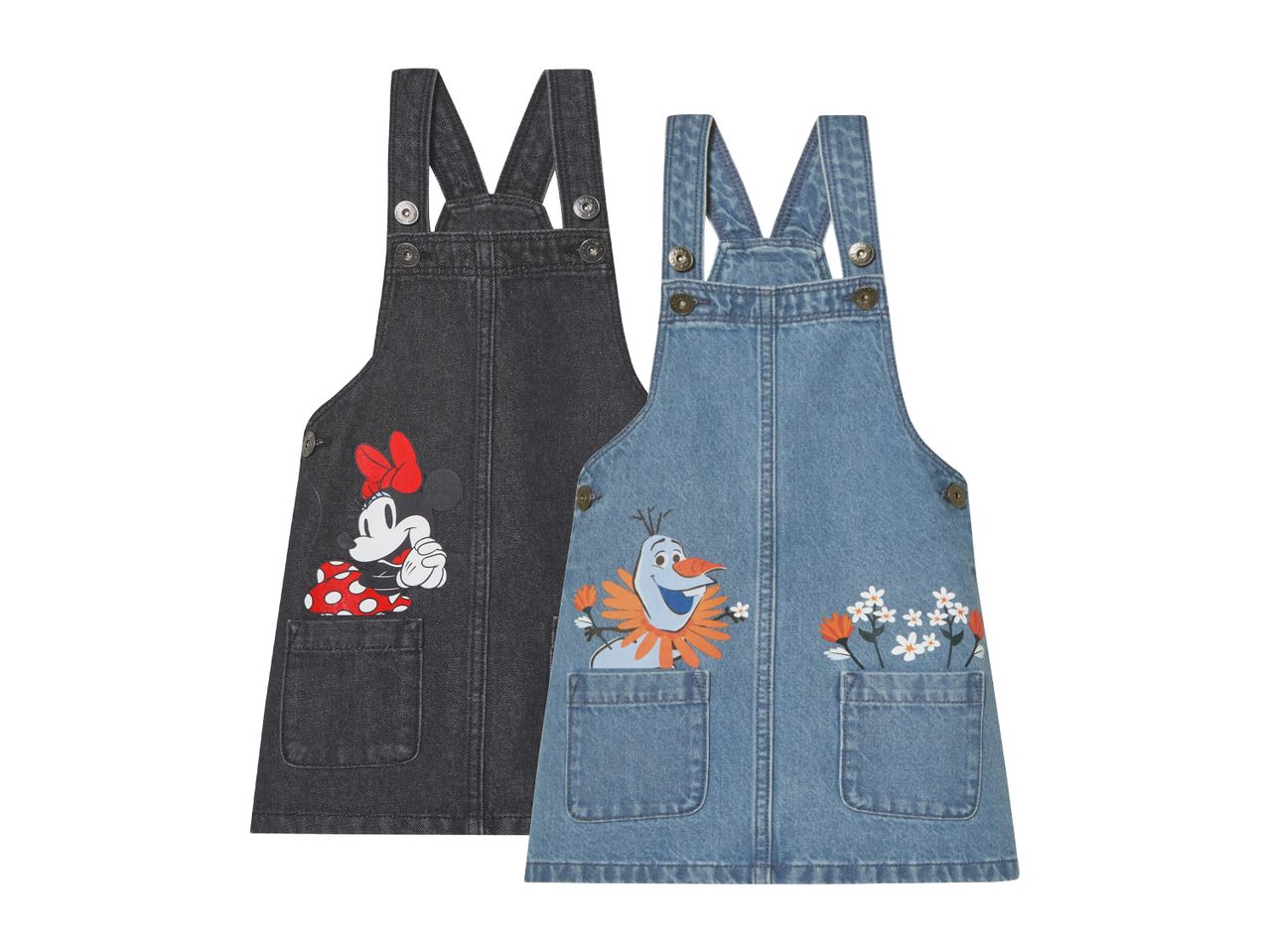 Dvije dječje traper haljine s naramenicama, jedna s Minnie Mouse, druga s Olafom.