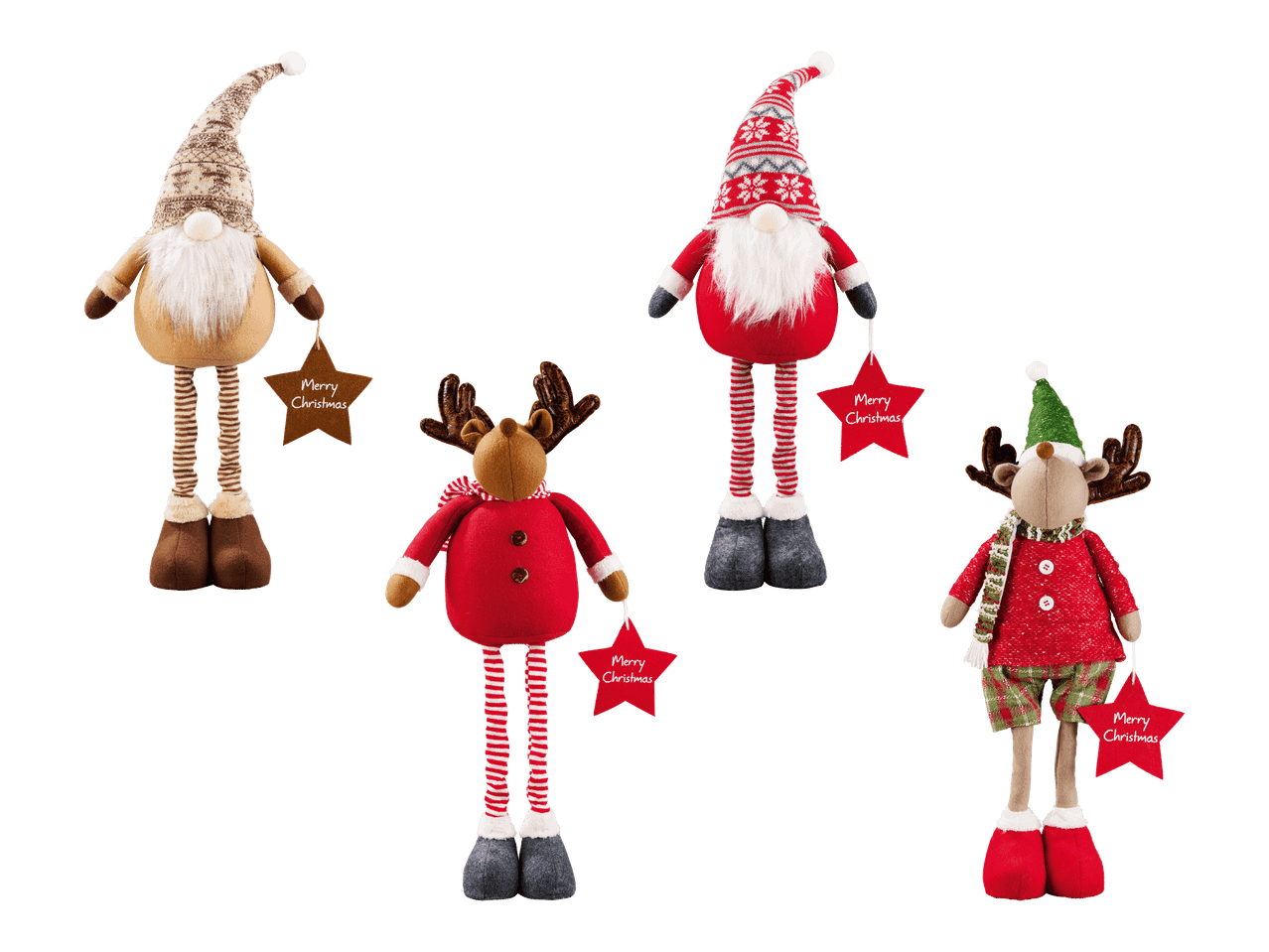 Neljä jouluista tonttua ja poroa, joilla on Merry Christmas -kyltit.