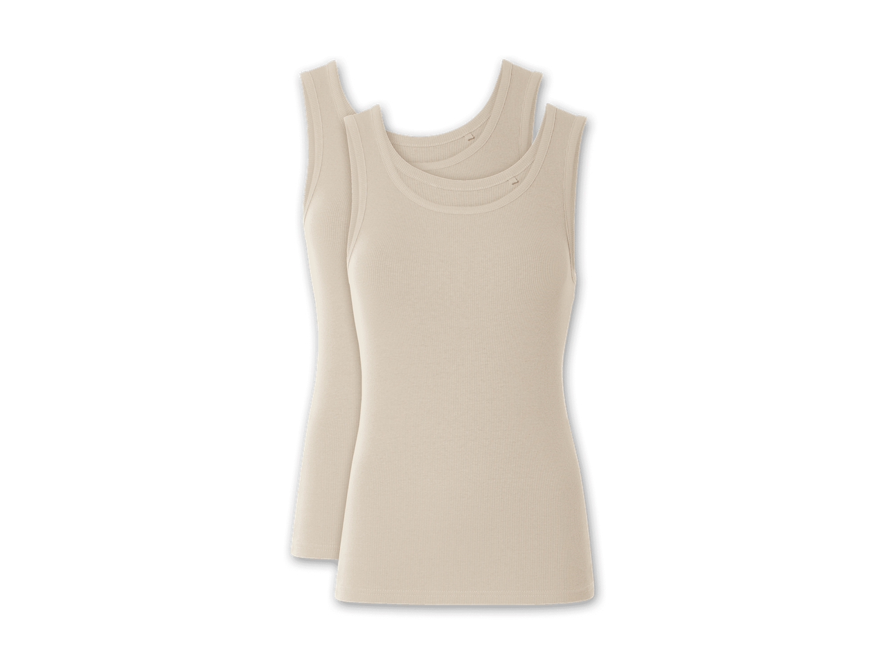 Zwei beigefarbene, gerippte Tanktops liegen übereinander.