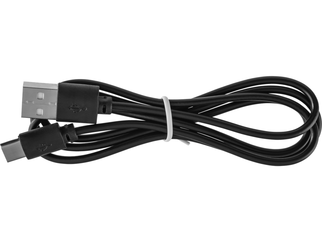 Juodas USB-C laidas su USB-A jungtimi, surištas baltu dirželiu.