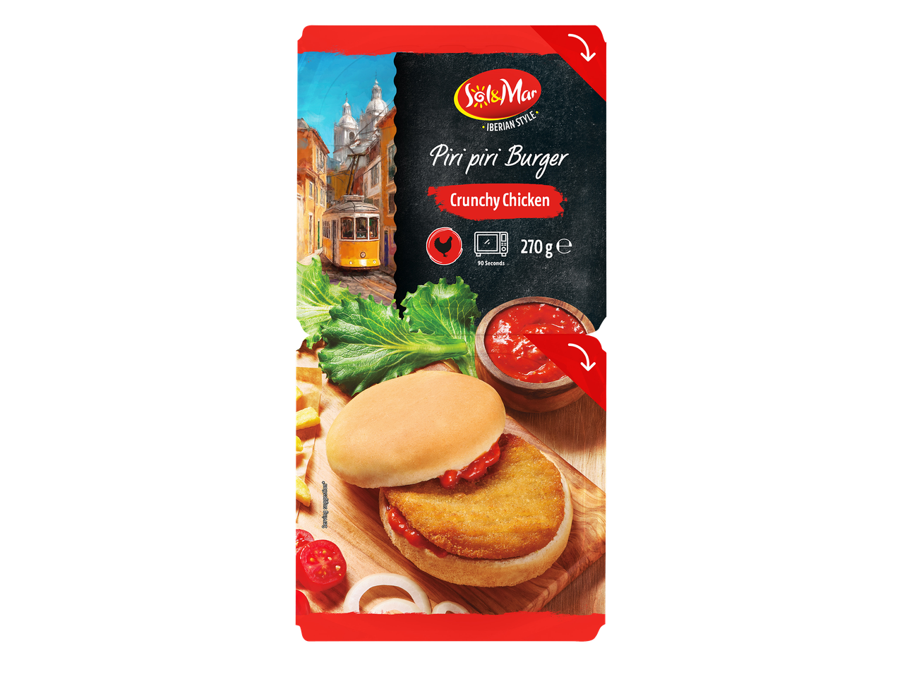 Piri piri kipburger met frietjes en saus, 270g, 90 seconden bereidingstijd.